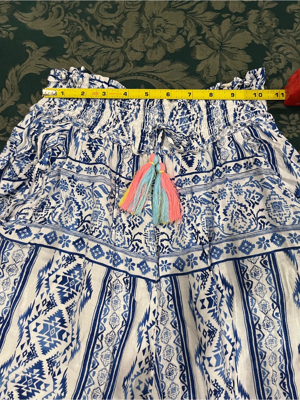 Vintage Havana Blue and White Printed Smocked Waist Maxi Skirt